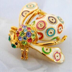 Joan Rivers Crystal Evil Eye Bee Pin Brooch Enameled Gold Targets Rhinestone